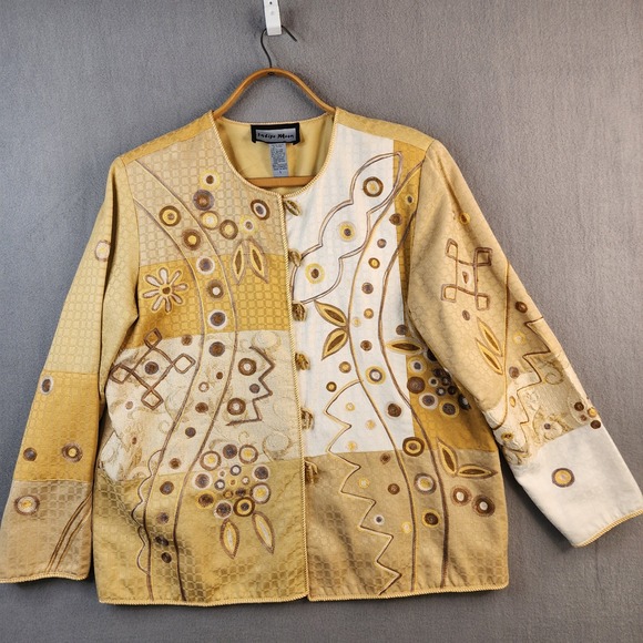 Artsy Embroidered Patchwork Jacket Boho Rope Loop Button Closure Color Block L - Picture 2 of 7